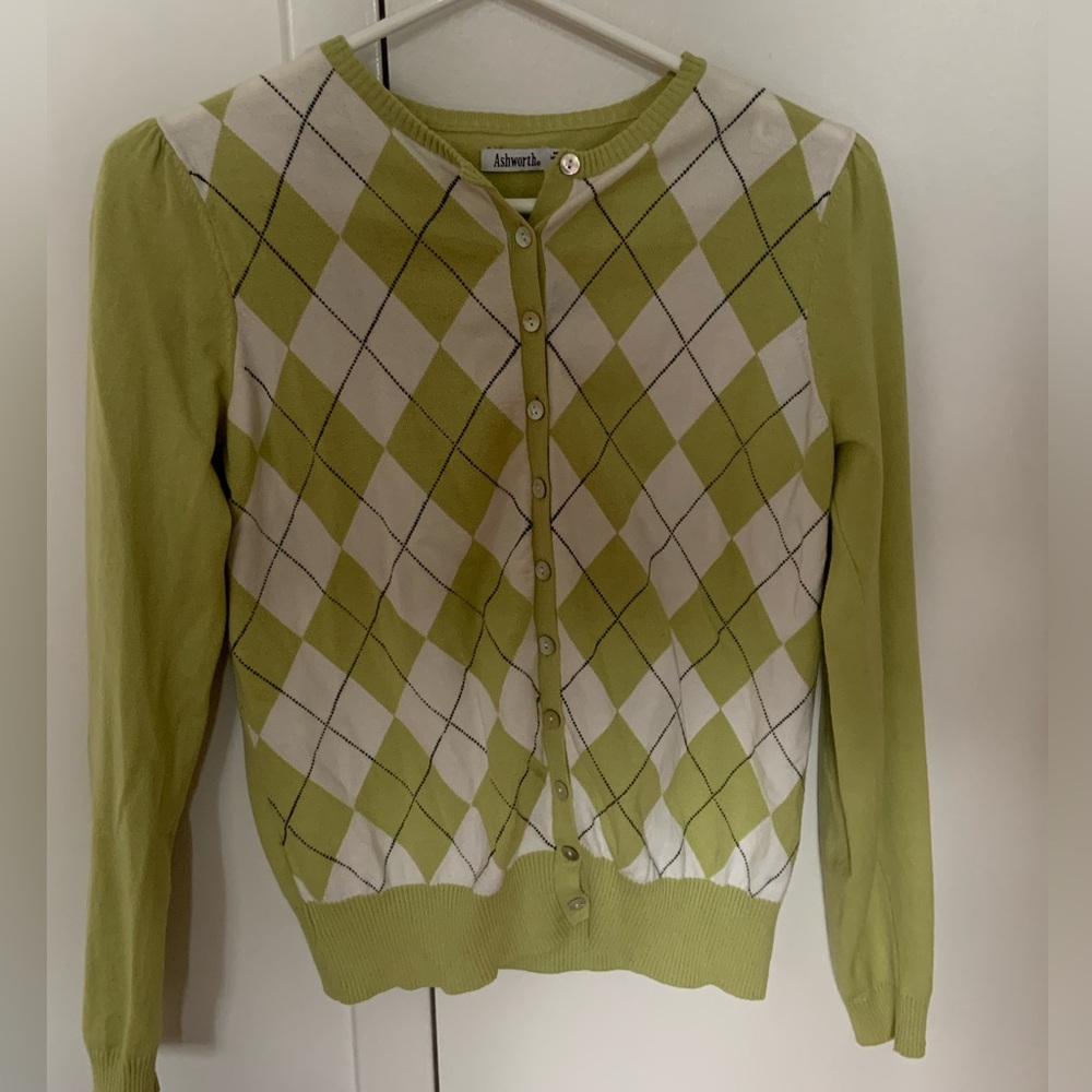 Green argyle cardigan